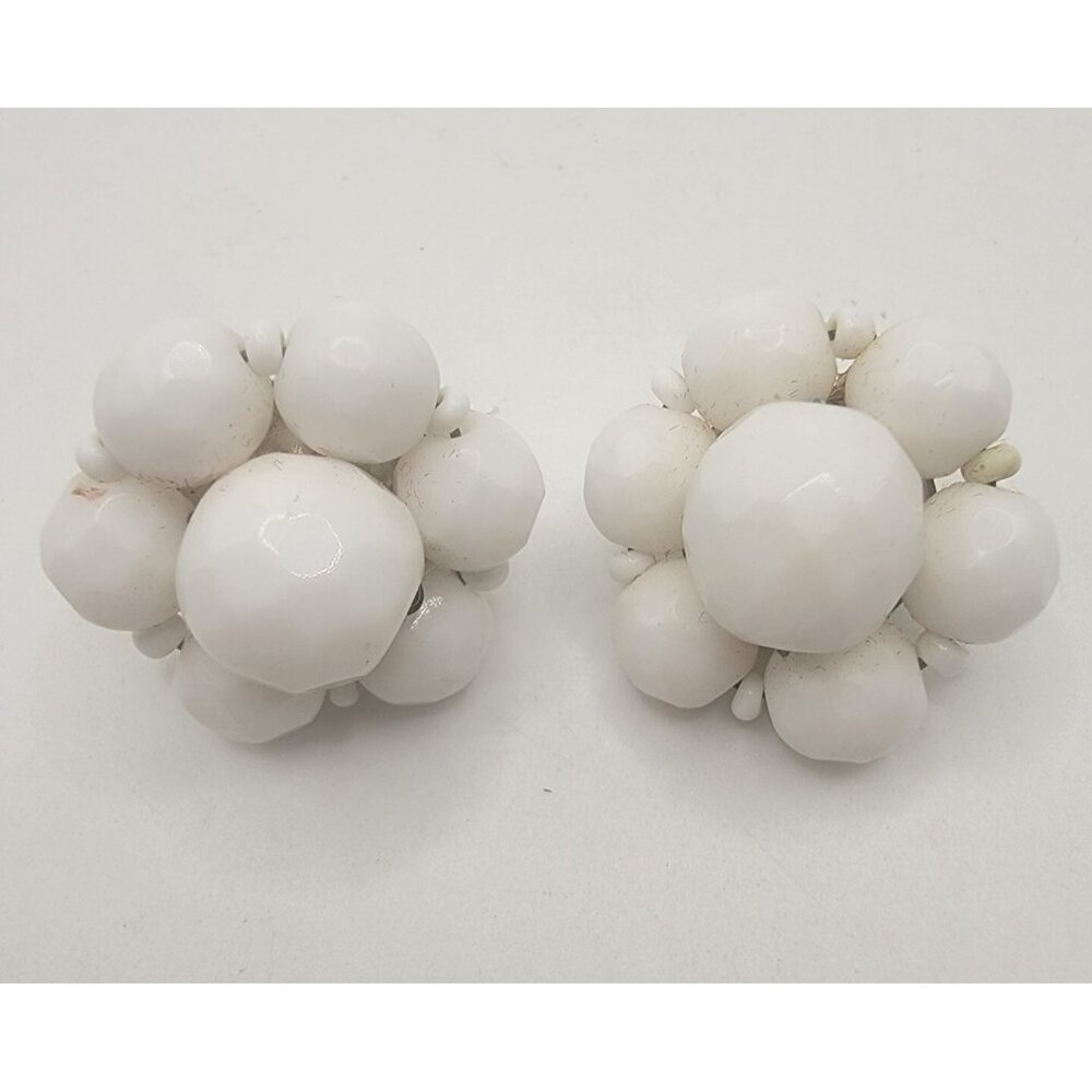 Vintage Earring Clip On White Cluster Bead Stud Signed‎ Western Germany Jewelry